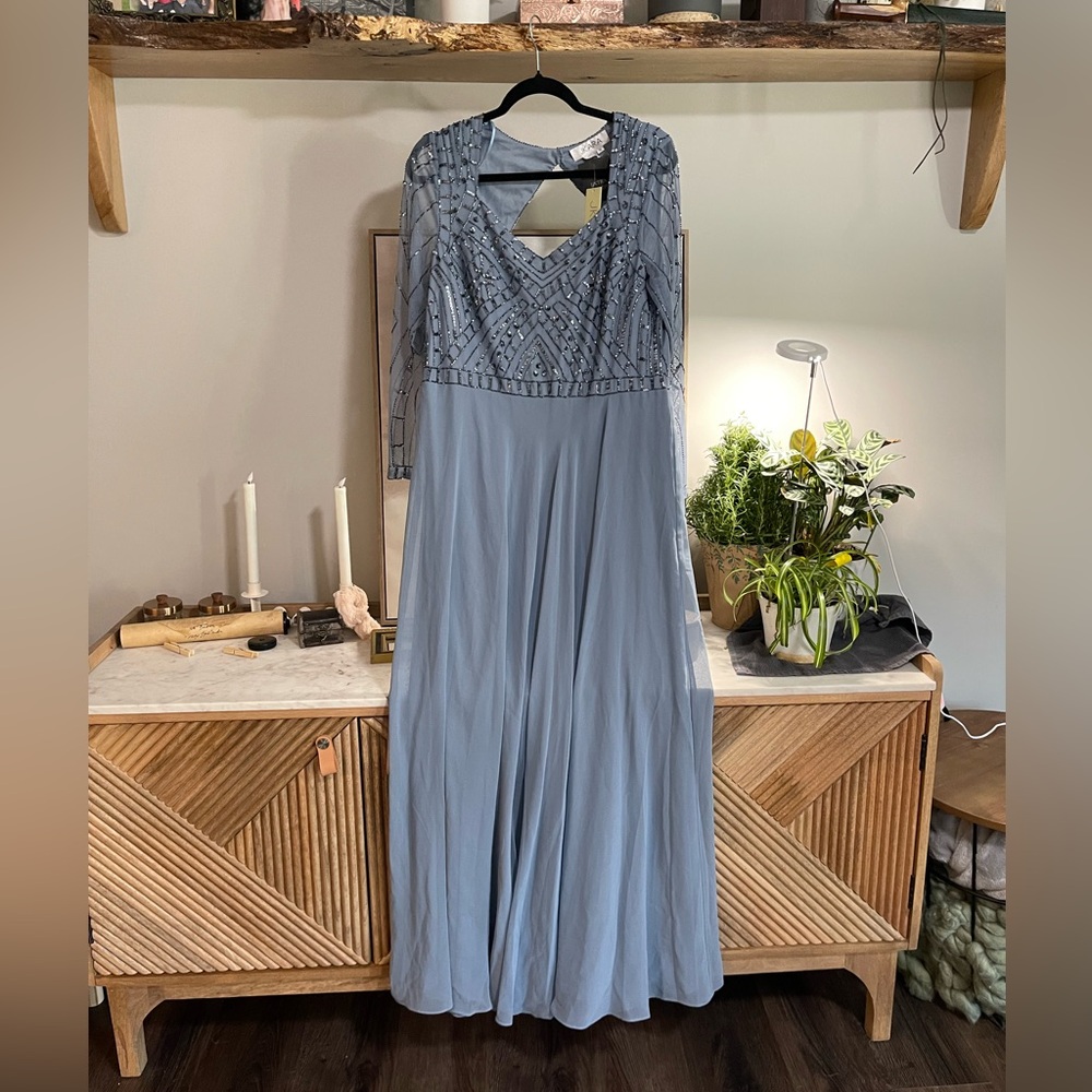NWT J Kara Long Sleeve Beaded Gown in Dusty Blue